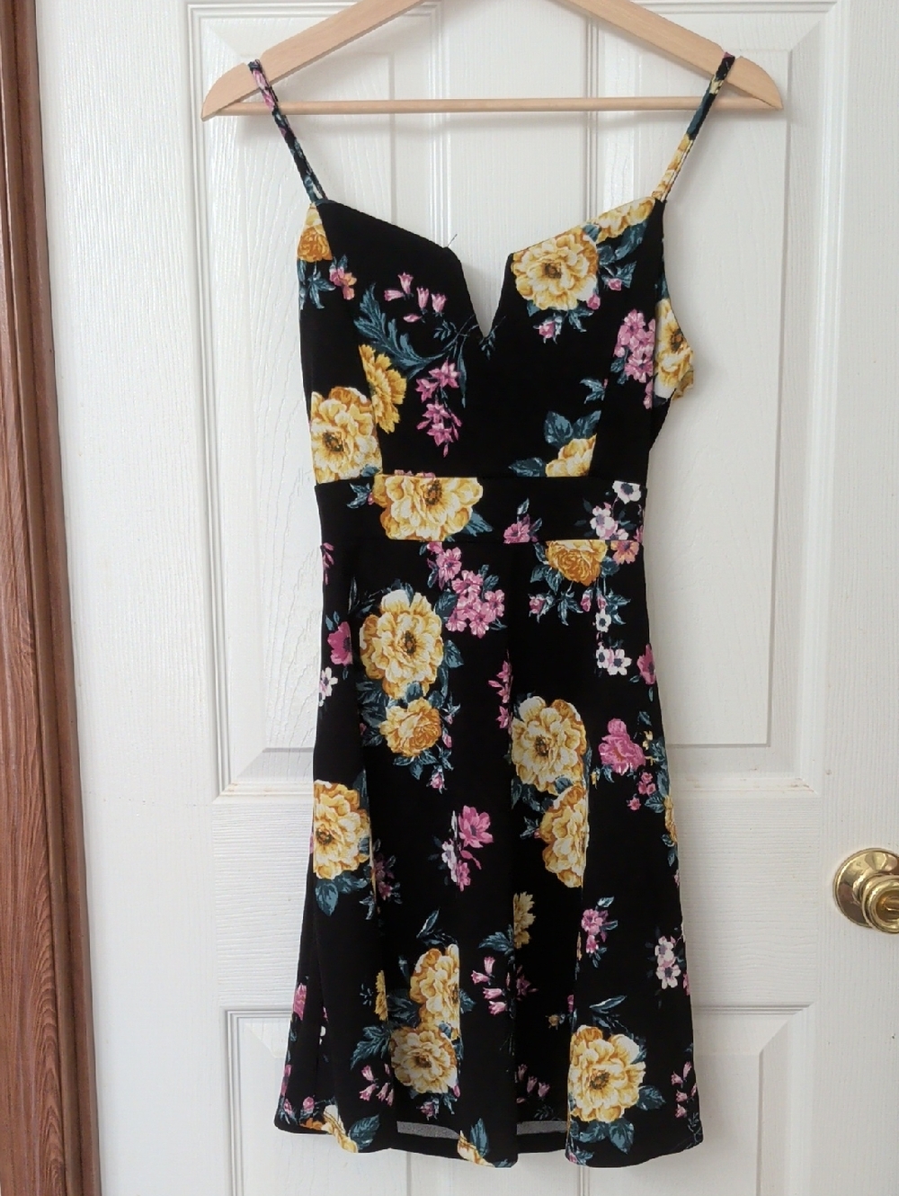 Almost Famous Black Mini Dress with Yellow & Pink Floral Print